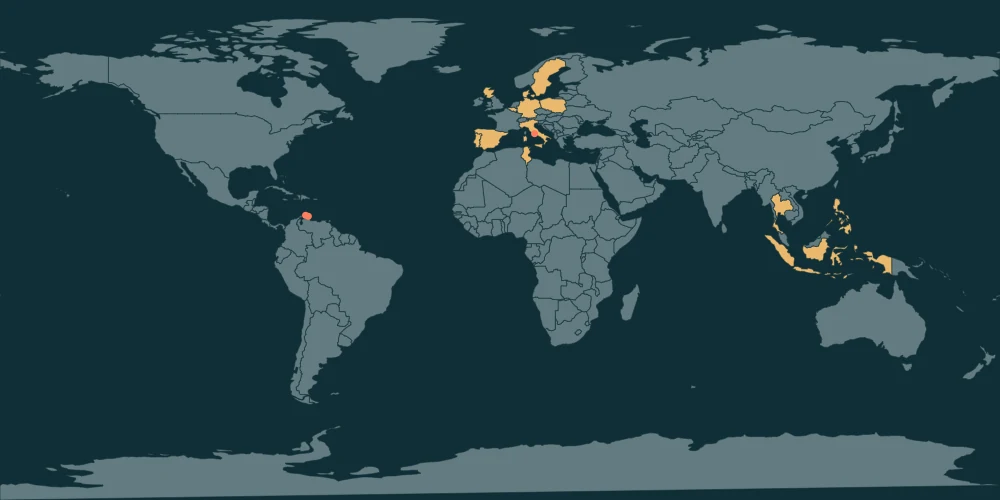 World map highlighting Dainyel’s previously visited destinations