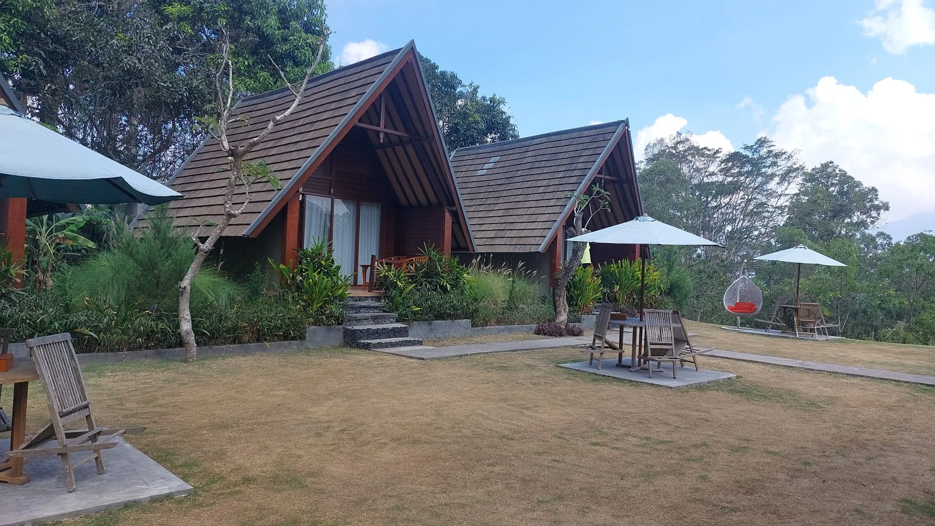 Wooden island lodges tucked into a green tropical setting