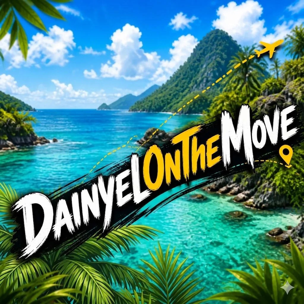 DainyelOnTheMove travel artwork with a tropical bay and logo